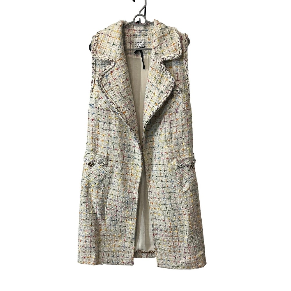 Edward Achour Paris Tweed Vest Womens 38 US M White Rainbow Longline Boucle